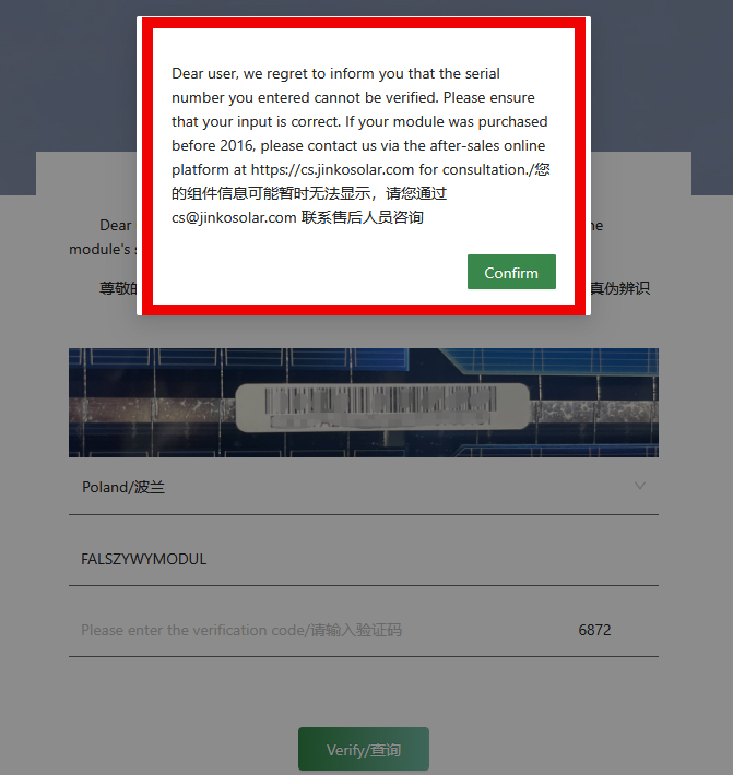 Negatywny wynik weryfikacji modułu Jinko